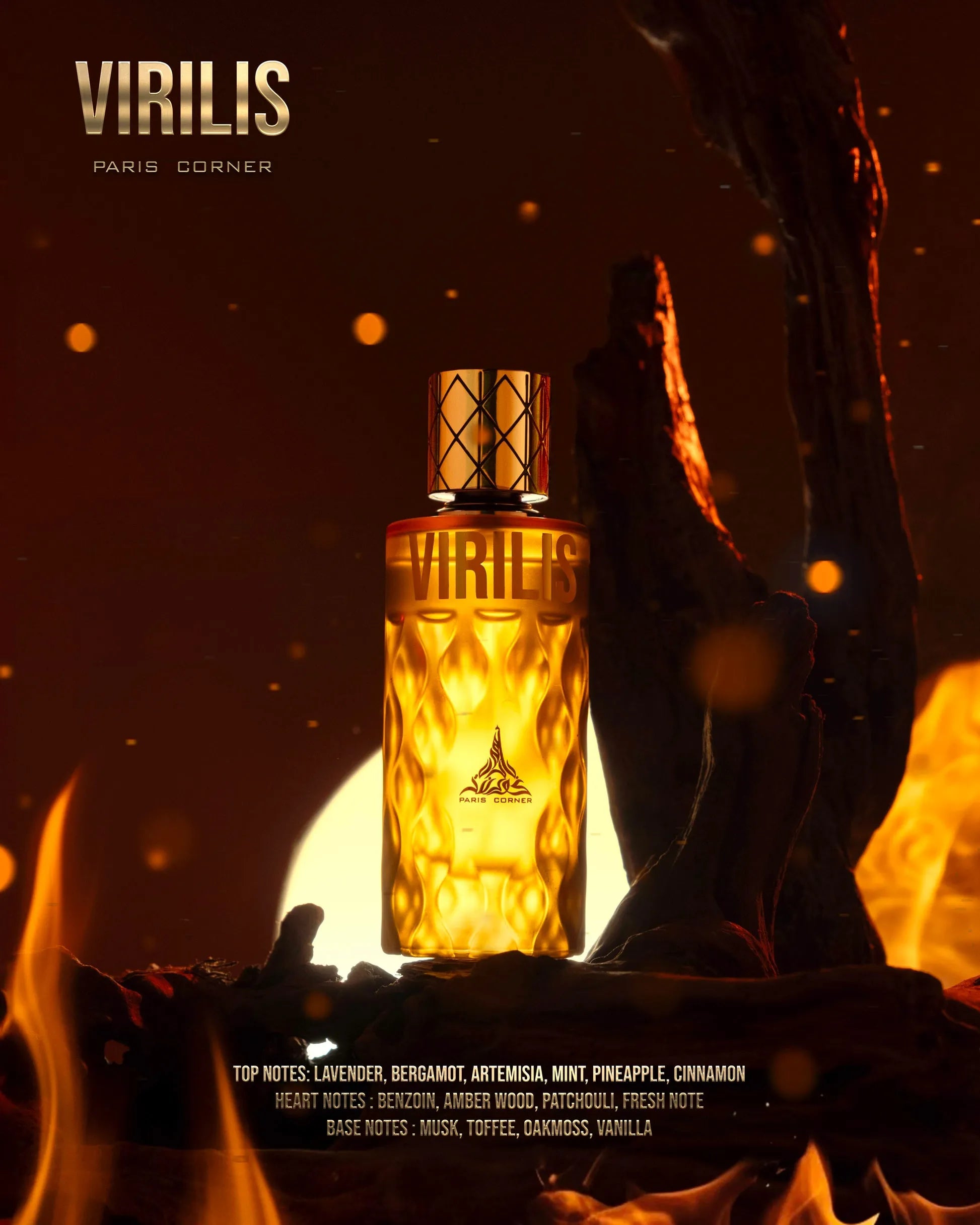 Virilis perfume with notes of lavender, bergamot, patchouli, toffee, and vanilla – amber woody masculine fragrance